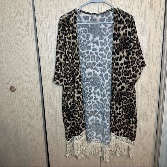 Animal Print Kimono Cardigan with Fringe. Soft Comfy Chic - Picture 2 of 10